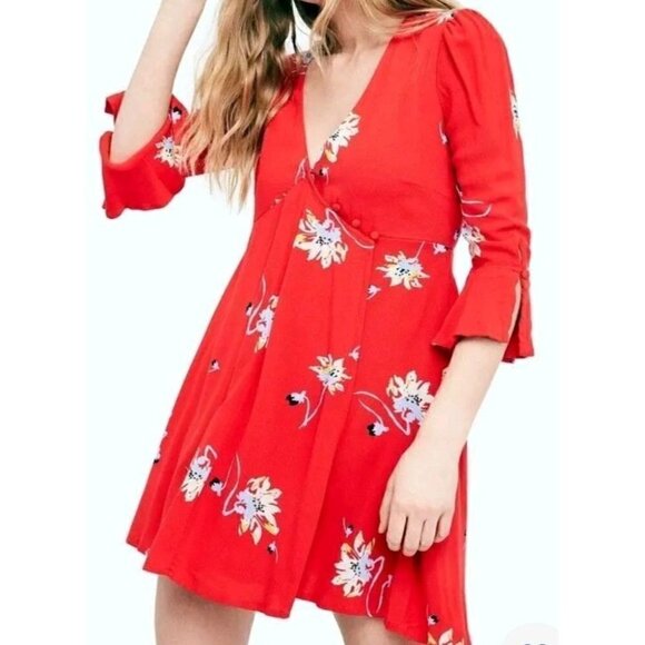 Free People Women's Time on My Side Red Floral Flowy Boho Wrap Dress Size M - Picture 1 of 15